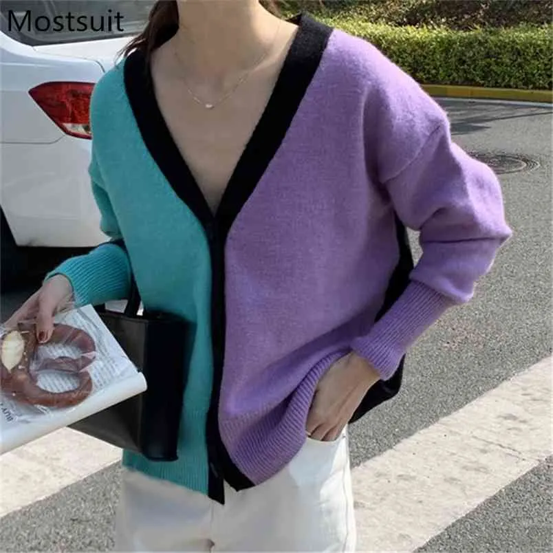 Color-blocked Knitted Cardigan Women Full Sleeve V-neck Loose Fashion Sweater Vintage Korean Ladies Jumpers Femme 210513