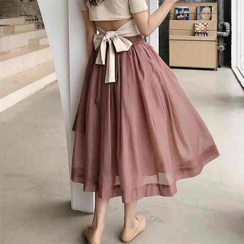 Arrival Summer Korea Fashion Women High Waist Long Skirt All-matched Casual Sweet Organza Ball Gown Top Quality S169 210512