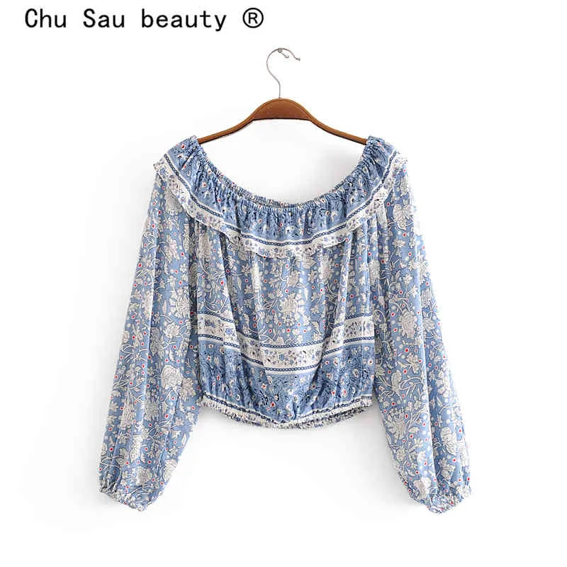 Chu Sau schoonheid mode boho vintage print katoen gewassen tops vrouwen vakantie stijl O-hals lange mouw dames korte blouses 210508