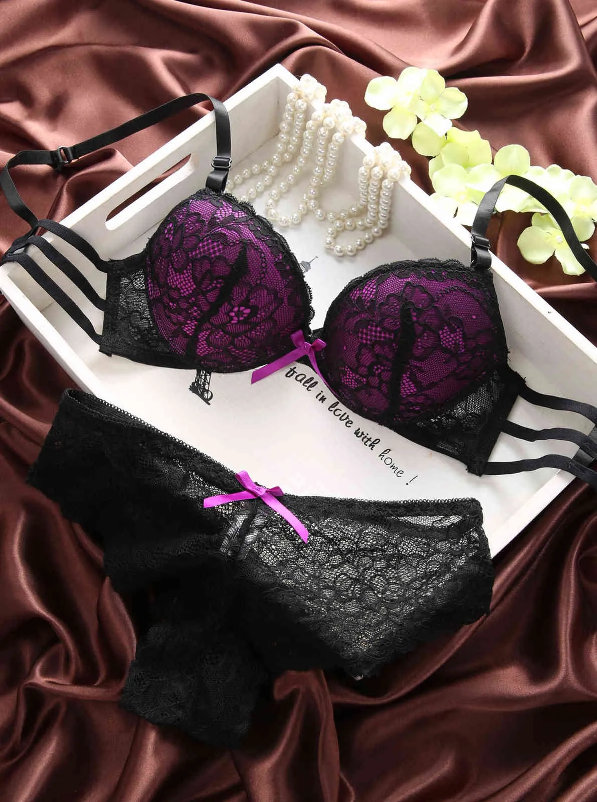 NYX Sexy Lace Bra And Panty Set With Embroidered Push Up Deep V