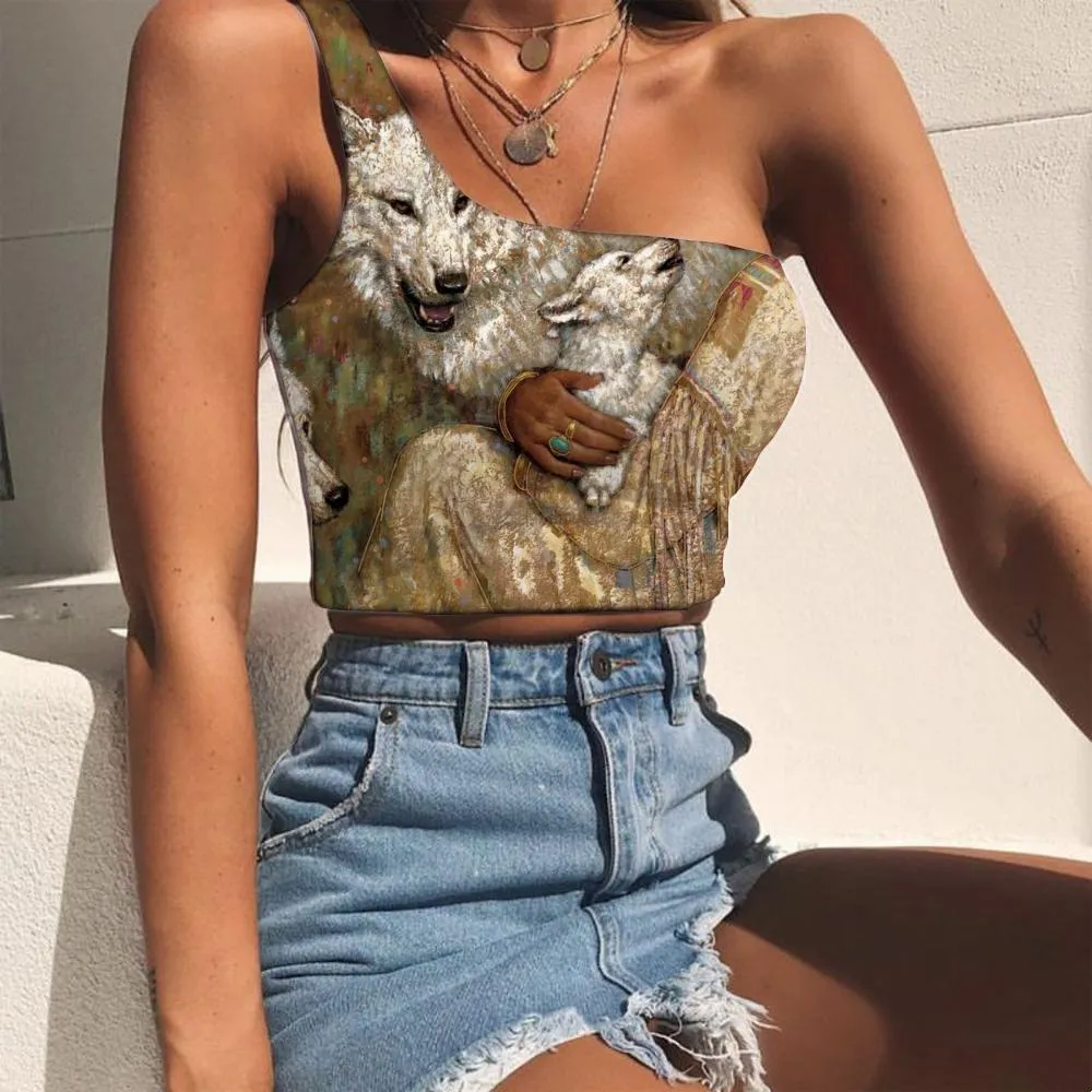 Kyku Brand Indios Vest Tops Kvinnor Wolf SleeveLeshirt Animal One Shoulder Crop Lovely Midriff T Shirt Kvinna Kläder Gym X0507