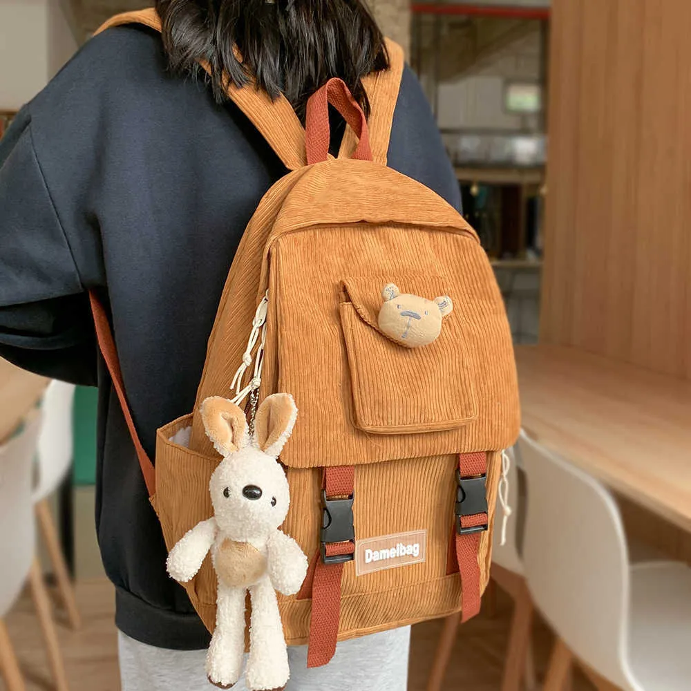 Mädchen Nette Student Kawaii Rucksack Corduroy College Damen Schultasche Streifen Weibliche Mode Rucksack Frauen Harajuku Bücher Tasche Cool Y0804