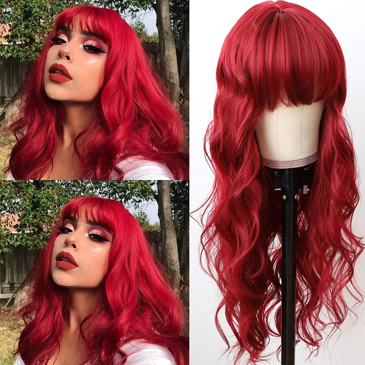 Burgundy Long Wave Synthetic Wig Simulation Human Hair Wigs with Bangs 24 Inches Perruques For Girls & Women RXG9168