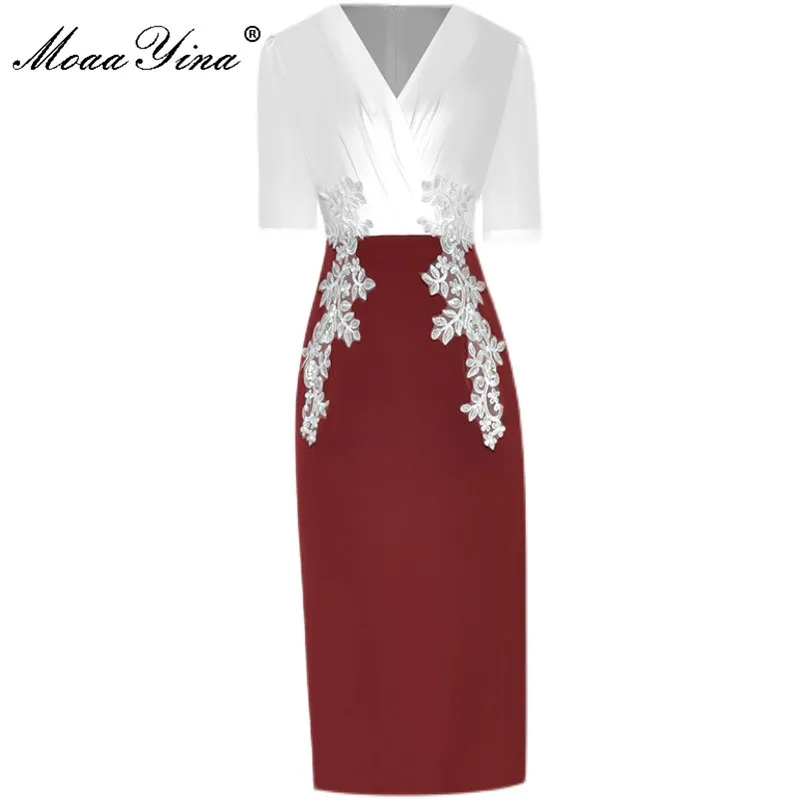 Summer Women's High Street Midi Dress V-neck Short sleeve Applique Embroidery Red White Splicing Slim Pencil 210524