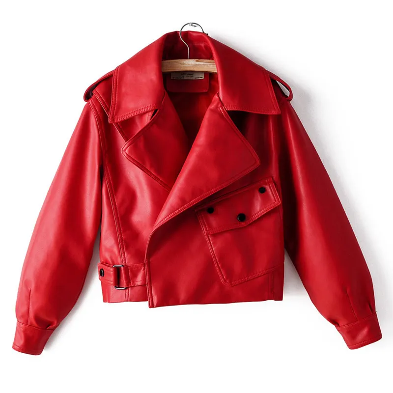 Rouge PU cuir manteaux femmes revers poches veste courte moto dames vêtements lâche décontracté noir printemps 210510