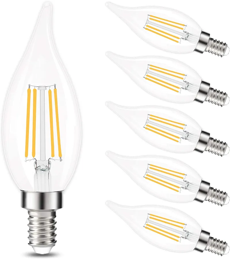 LED Candelabra Bulb 2/4/6W Dimmable Chandelier Light Bulbs (40W Equivalent) C35 Vintage Filament Candle Bulb Flame Tip 360 Degrees Beam Angle