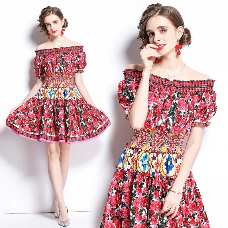 Women Summer Designer Elegant Rose Flower Print Sexy Cocktail Party Robe Female Red Vintage Off-The-Shoulder Mini Dress Vestidos 210525