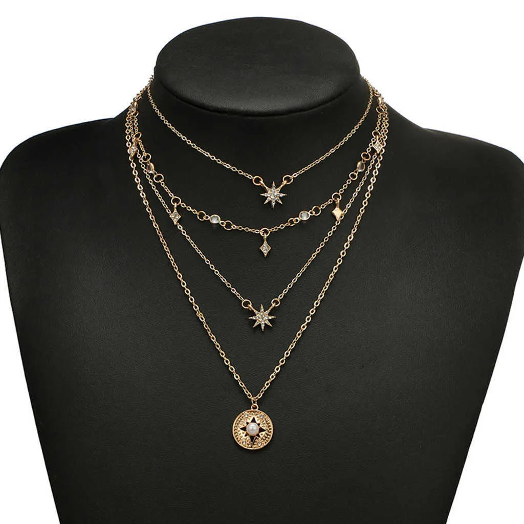 Designer Ketting Luxe Sieraden Diomedes Metalen Vierlaag Geometrie Zespuntige Ster Strinestone Dames Multi-Layer Whosale Drop Shipping Verzending May