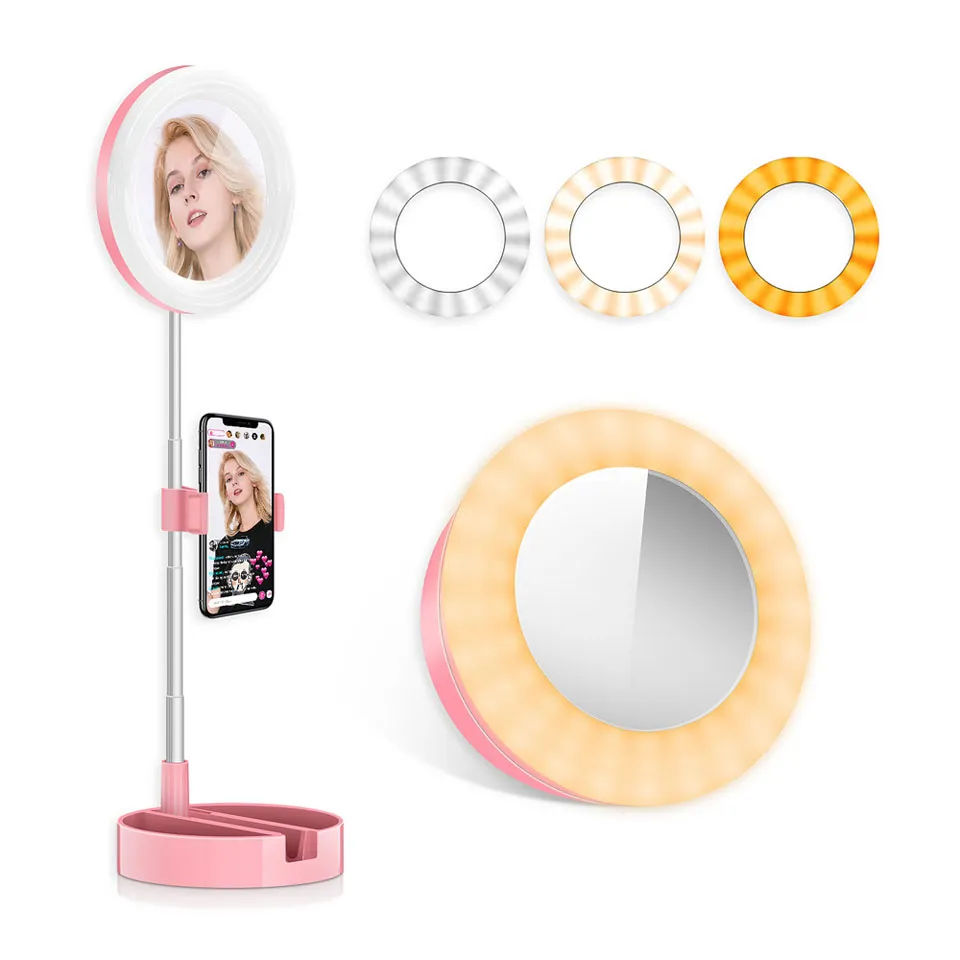 G3 Retractable Ring Lamp With Mirror 6 Inch Mobile Phone Holder LED Live Photography Fill Light Makeup Table Beauty Vanity Light