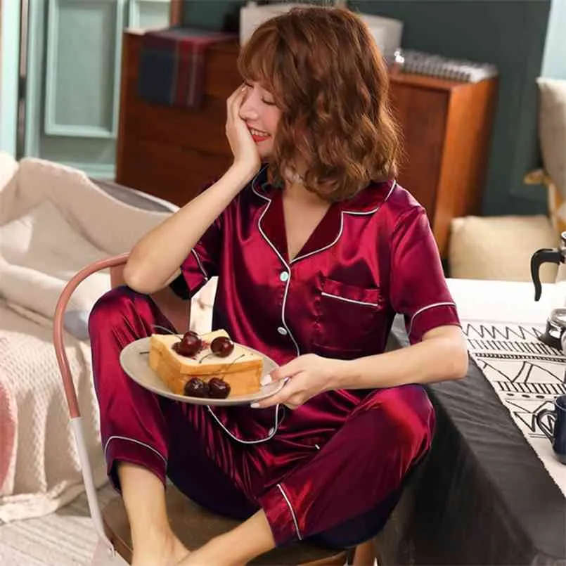 7月の歌2つの断片ファウックスシルクサテンパジャマセット女性寝室春半袖ロングパンツスーツホームウェア210809