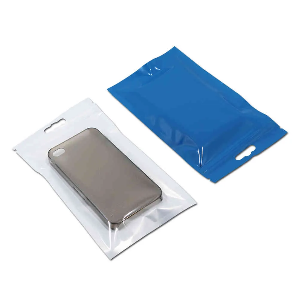 100PCs Blue Zip Lock med Hang Hole Rensa Ziplock Pouches Plast Zipper Paket Smycken Elektroniska produkter Förpackning Väskor