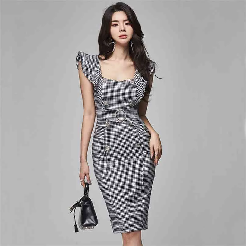 Lady Elegant Square Collar Double-breasted Plaid Dress Women Fashion Summer Sleeveless Ruffles Wear to Work Pencil 210603