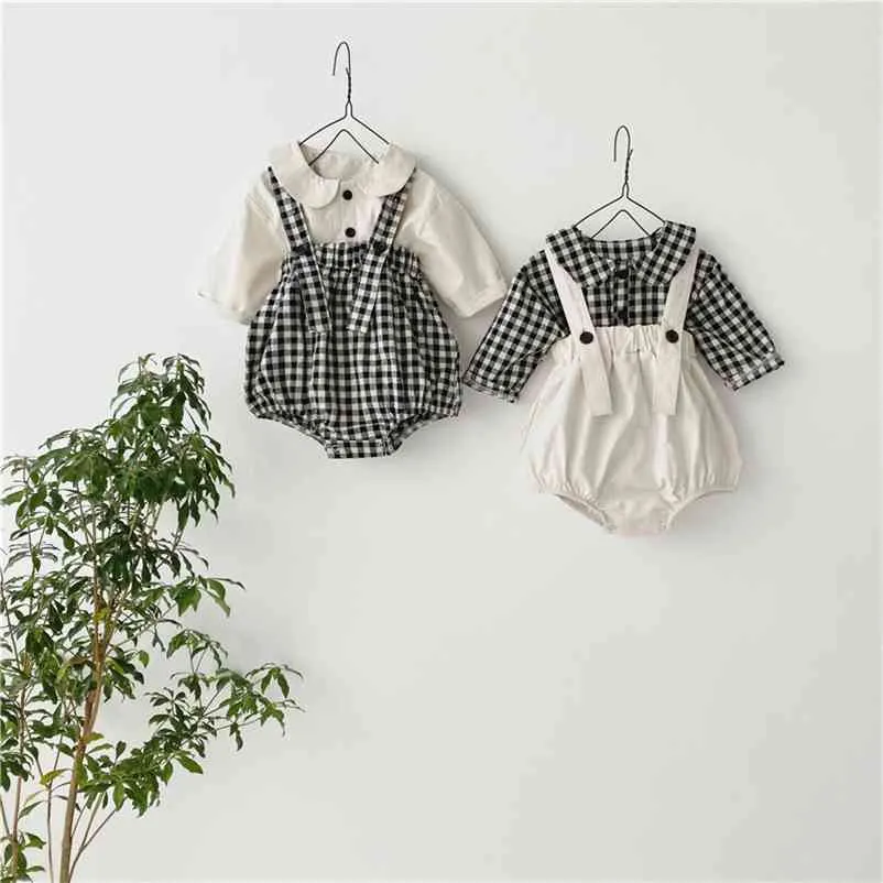 Baby girls cute doll shirt and plaid bodysuit 2pcs suits baby cotton all-match outfits infant kids clothing sets 210508