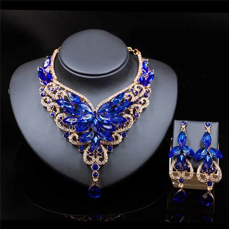 Luxury Fashion Africa Crystal Halsband Örhängen Smycken Set för Kvinnor Bröllopsfest Bridal Smycken Sätter Halsband H1022