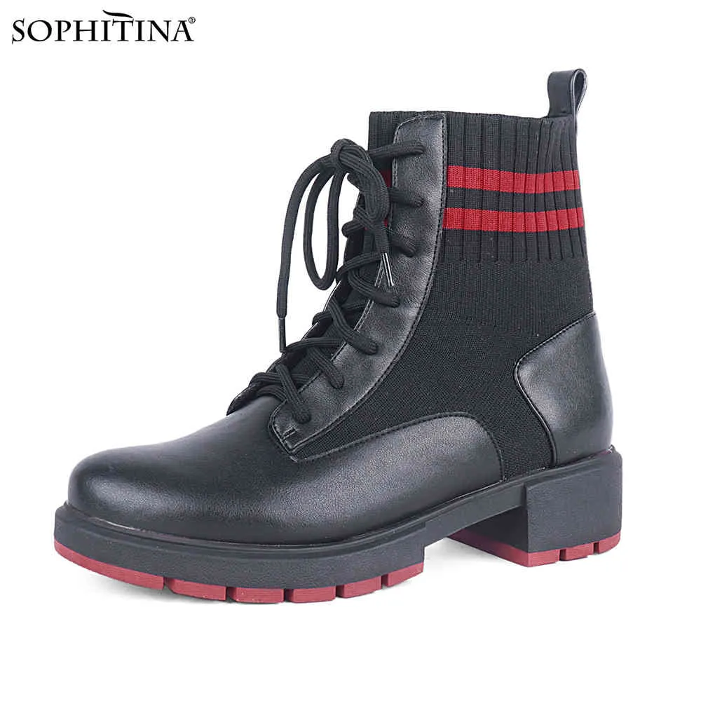 Sophitina Moda Kadınlar Için Elastik Ayak Bileği Çizmeler Sonbahar Rahat Düşük Topuk Klasik Dantel Yukarı Sıkı Çorap Patik C788 210513