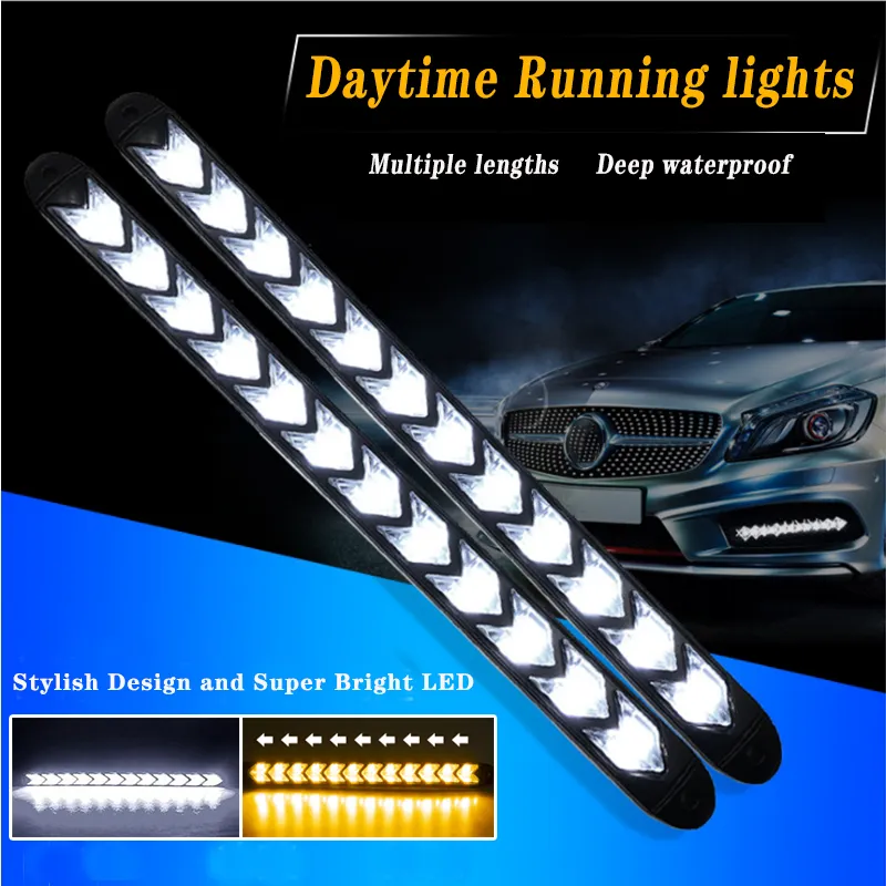 2 sztuk LED Universal Car Running Light Wodoodporna Headlight Strip Sekwencyjne Przepływ Żółty Turn Signal White DRL Auto Lampa