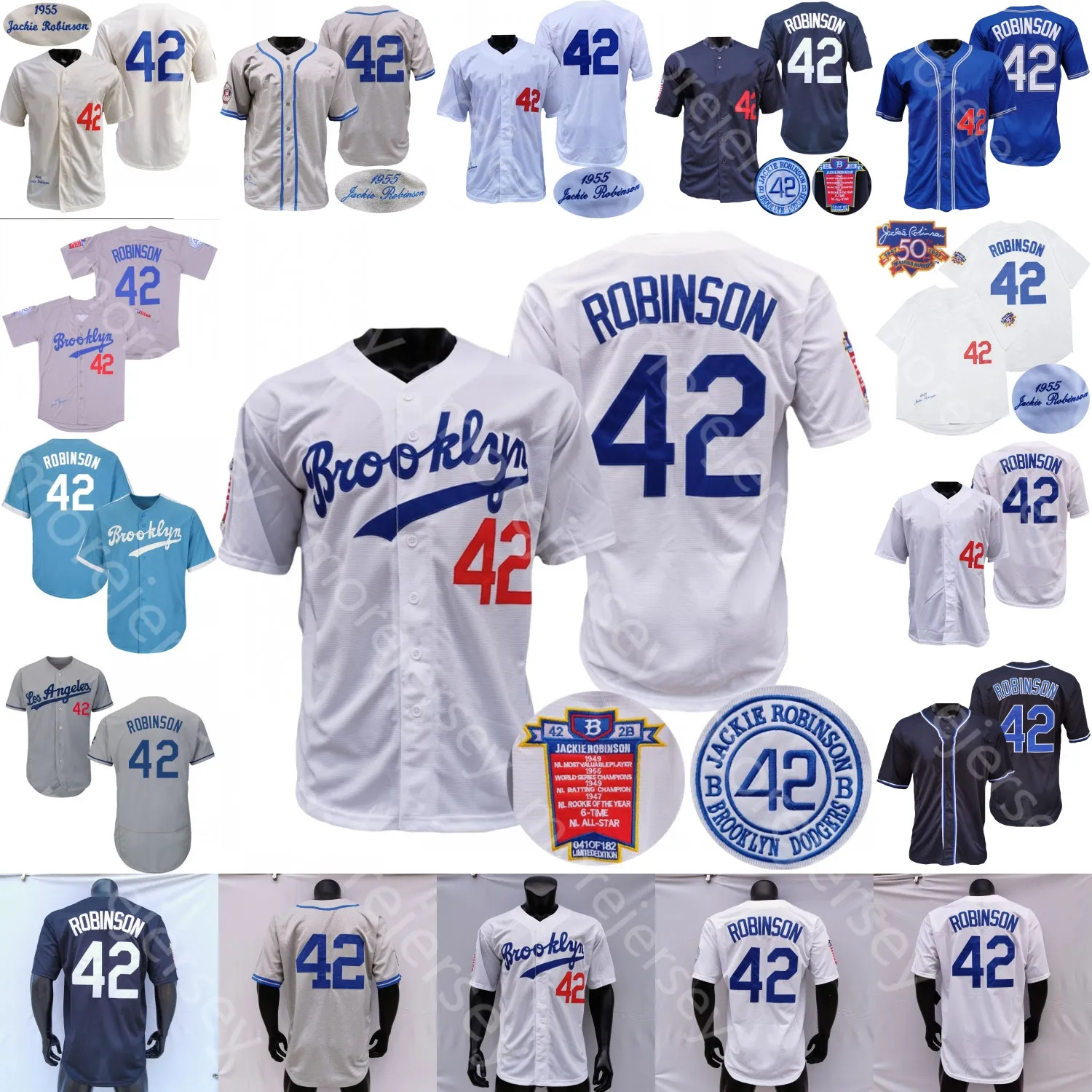 Jackie Robinson Jersey 1955 Cream Grey White Black Blue Fashion Grey Salute to Service Hall Of Fame Patch