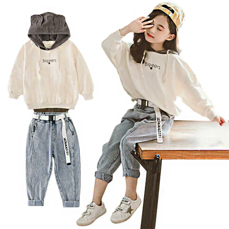 Flickor Kläder 2020 Höst Långärmad Hooded Tröja + Jeans Passar Barnkläder Tonåring Barnkläder 6 7 8 9 10 12 år x0902