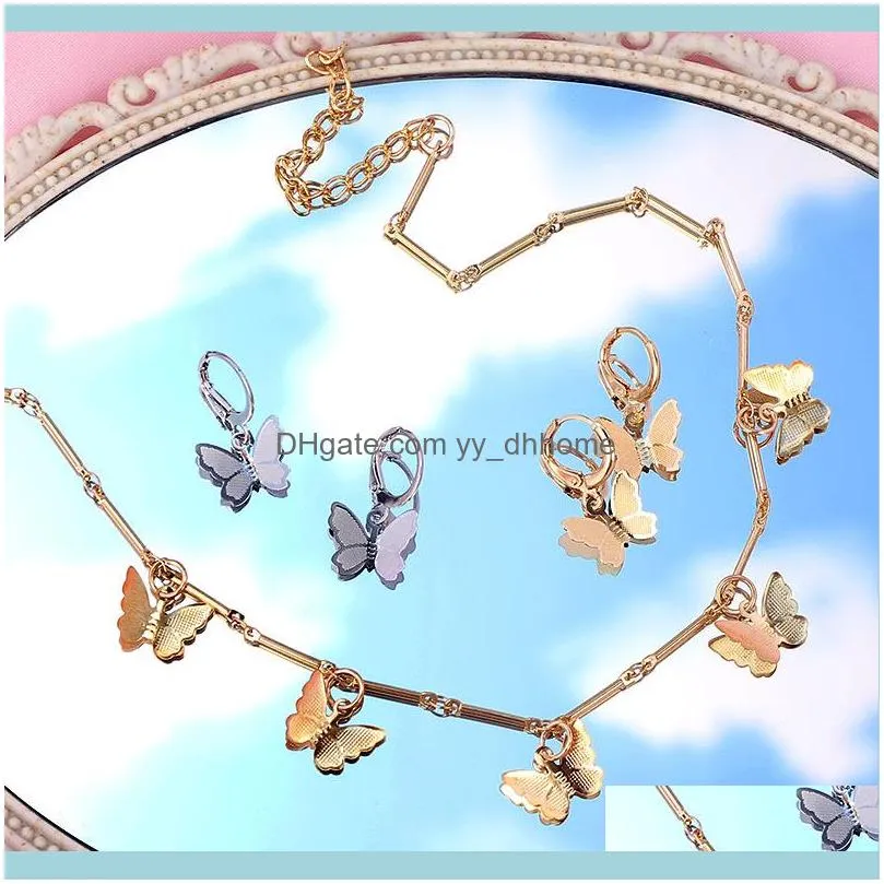 Earrings & Necklace 3Pcs/set Trendy Jewelry Sets For Women Gold Silver Color Cute Small Butterfly Choker Party Gift