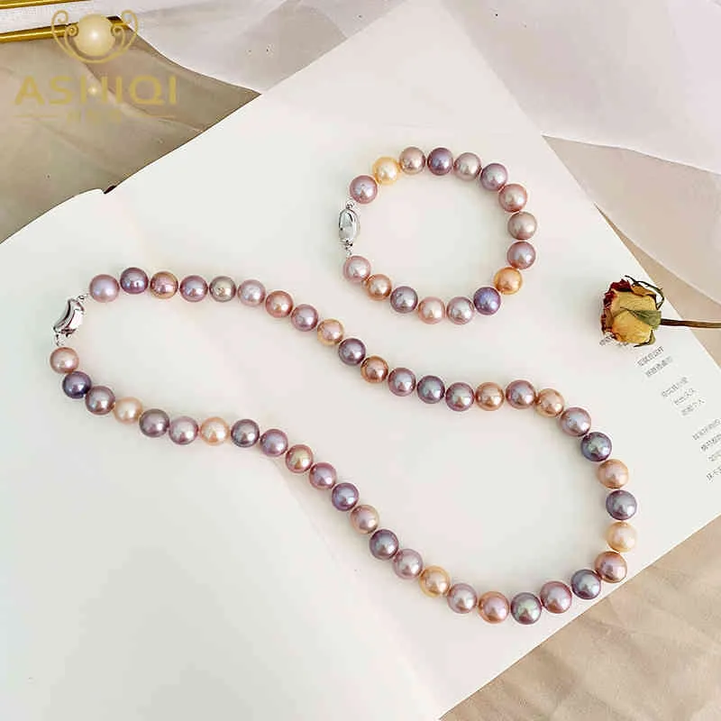 ASHIQI Big Natural Pearl Set di gioielli in colori misti Collana in argento sterling 925 Bracciale per donna 2021 regalo