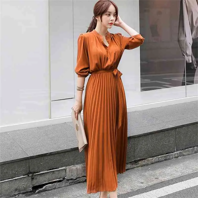 Women Clothing Autumn Runway Designer Long Sleeve Pleated Dresses Fashion Bow Belt Korea Dress Vestidos 210520
