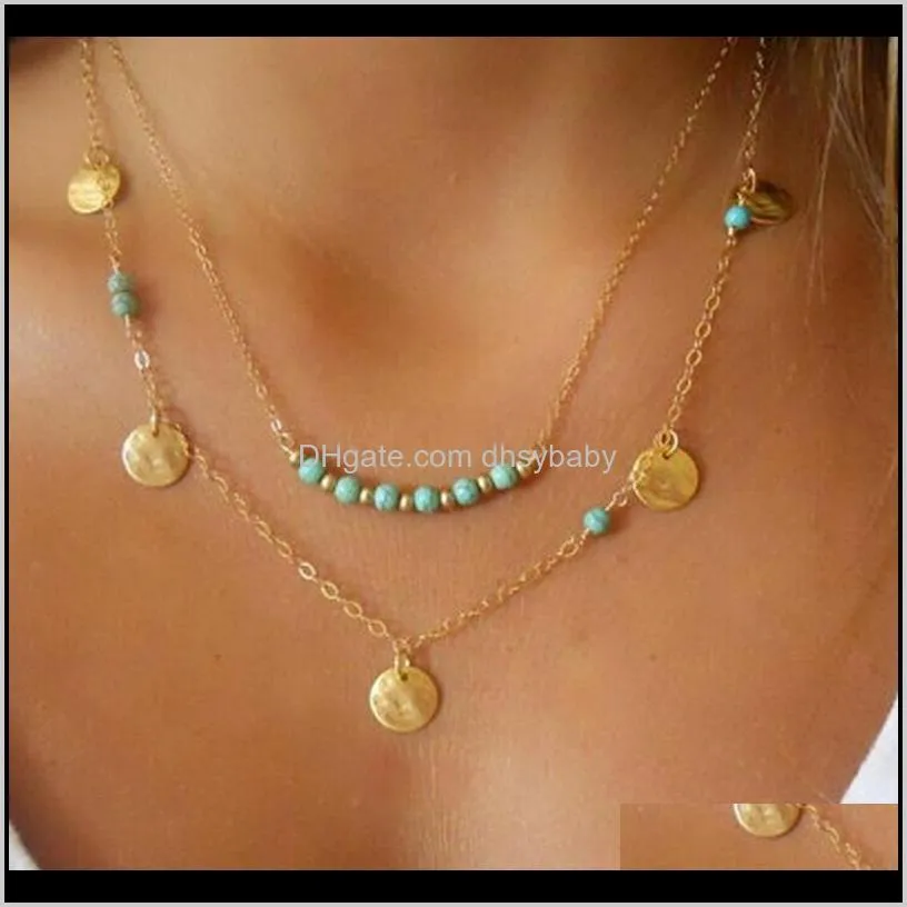 women bohemian ethnic style turquoise beads pendant necklace clavicle chain sequin double-layer necklace fashion jewelry