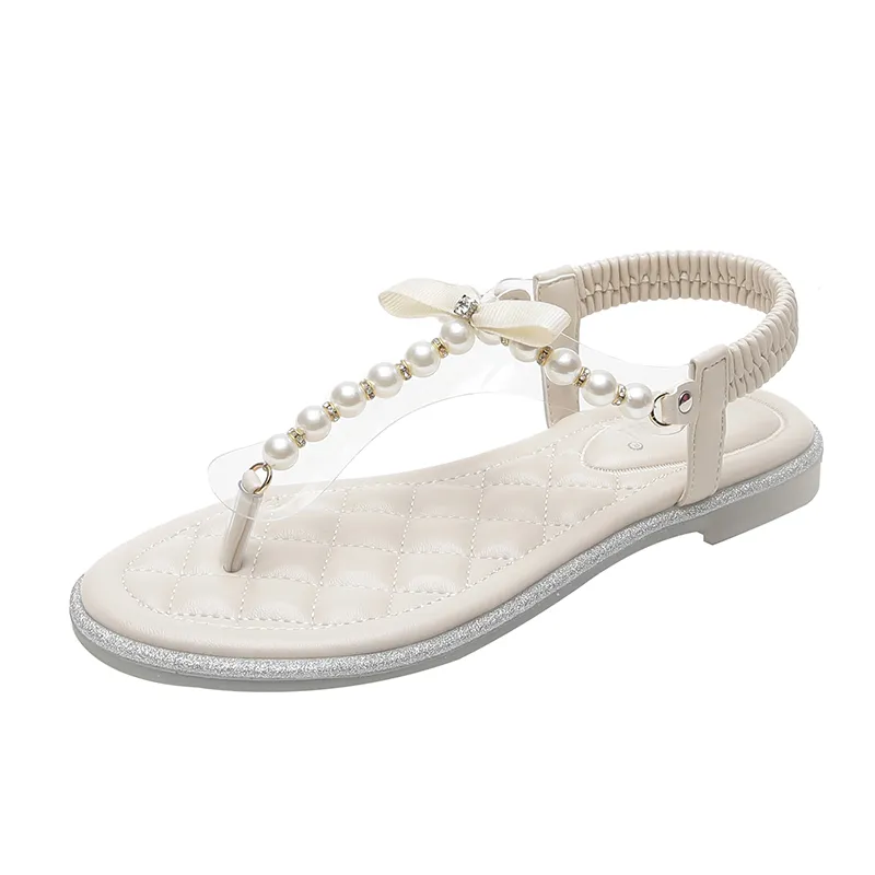 Women Sandals Fashion White Beads Shoes For Women Slippers Summer Shoes Flat Heel Non-Slip Female Casual Beach Shoes Y0305