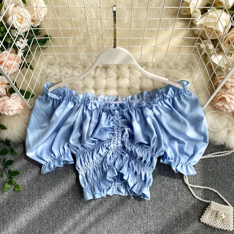 Holiday Short Tops Summer Wear for Women 2021 Fashion Sexy Sweet Wood Ear Slash Neck Shirt Blue M915 Women's Blouses Shirts