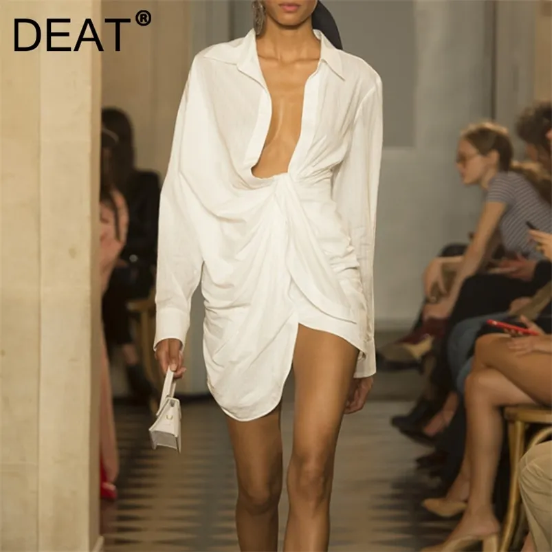 Deat Summerターンダウンカラーフル女性服非対称スリーブドビーホワイトドレス女性Vestido WB52300 210806