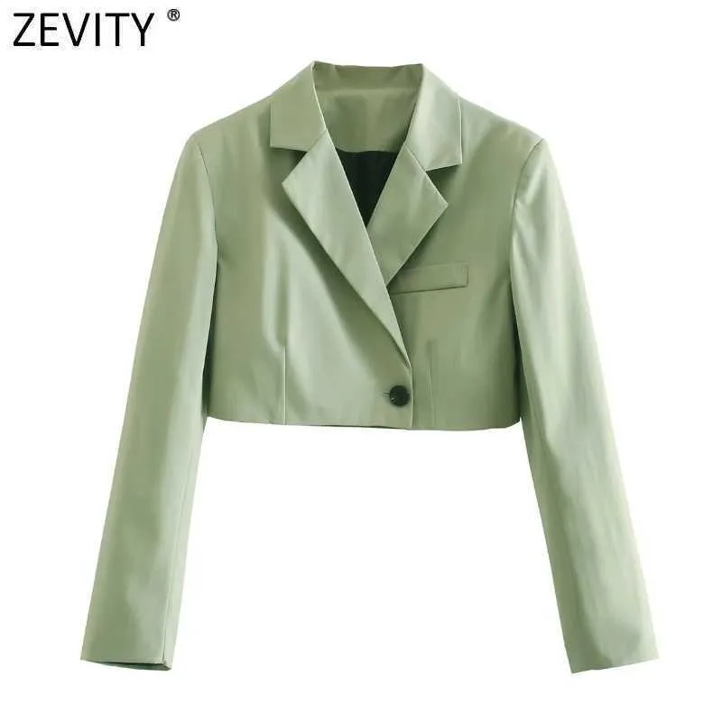 Zevity Mujeres Vintage Manga larga Sólido Corto Delgado Blazer Abrigo Mujer High Street Un botón Prendas de abrigo Chic Crop Tops CT719 210930