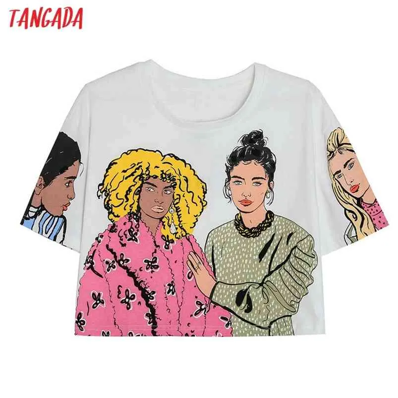 Tangada Zomer Dames Print Oversized Gewas Katoen T-shirt Korte Mouw Dames Casual Tee Straatkleding Top 4H40 210623