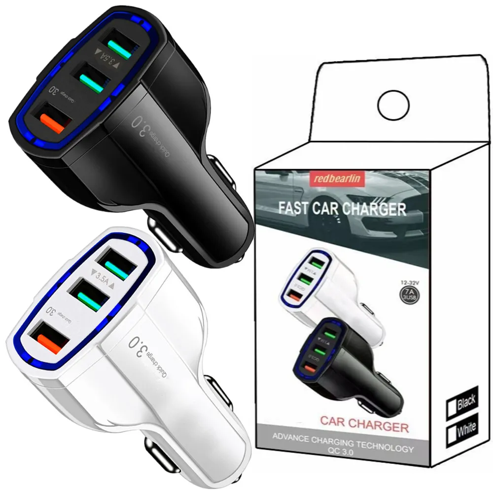 High Speed ​​3Ports 7A Fast Charging QC3.0 USB Car Charger Vehicle Power Adapter för iPhone 12 13 14 15 Pro Samsung LG Android -telefon med detaljhandelslådan