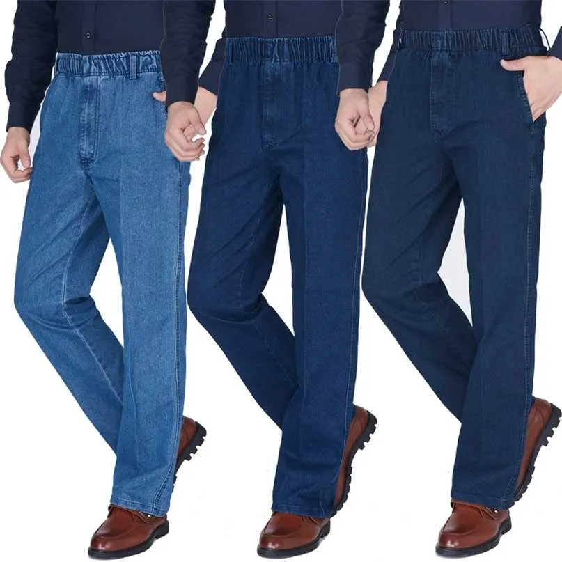 Dünne Männer Jeans Elastische Taille Tiefe Männer Mittleren Alters Hosen Lose Denim Hohe Stoff Frühling und Sommer 211108