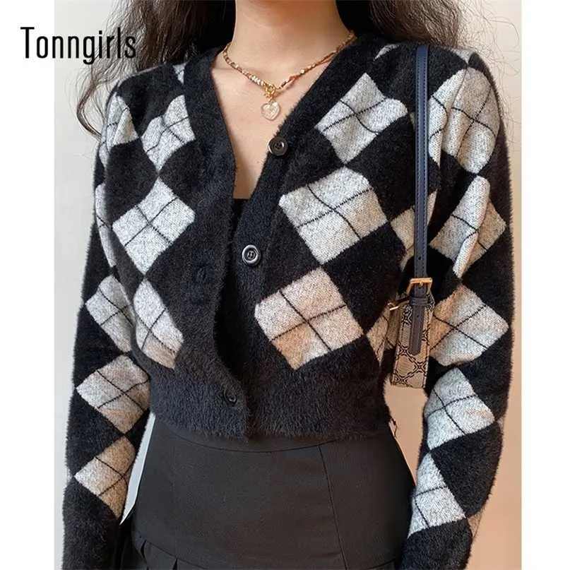 Tonngirls Preppy Style Cardigan Kvinnor Långärmad Stickad Argyle Cashmere Streetwear Black Treater Vinter 211011