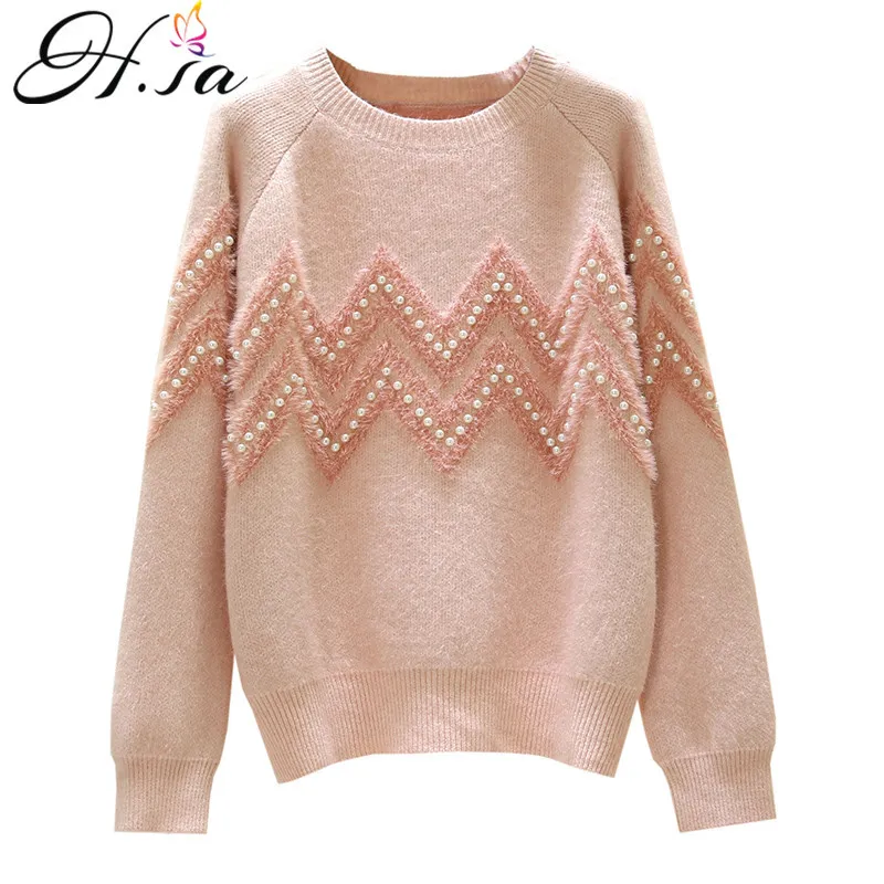 H.SA Frauen Pullover Oneck Hohe Qualität Perle Perlen Lose Pullover Tops Rosa Mohair Volle Jumper Frühling Casual Oberbekleidung 210417