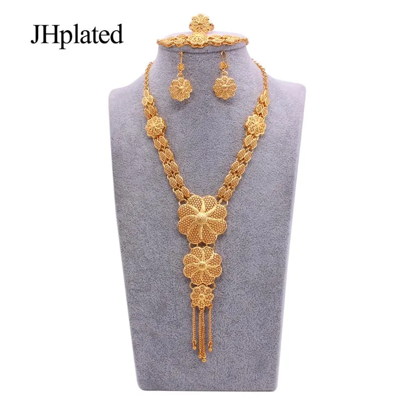 Dubai Hawaiian 24K Gold Plated Bridal Jewelry Sets Necklace Earrings Bracelet Rings Gifts Wedding Jewellery Set For Women &