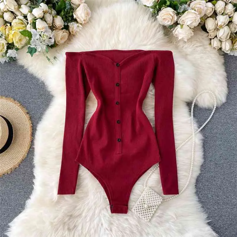 Casual Slash Neck Long Sleeve Bodysuit Autumn Single Breasted Playsuit Red/Gray/Black Sexy Knitted Rompers Fashion 210720