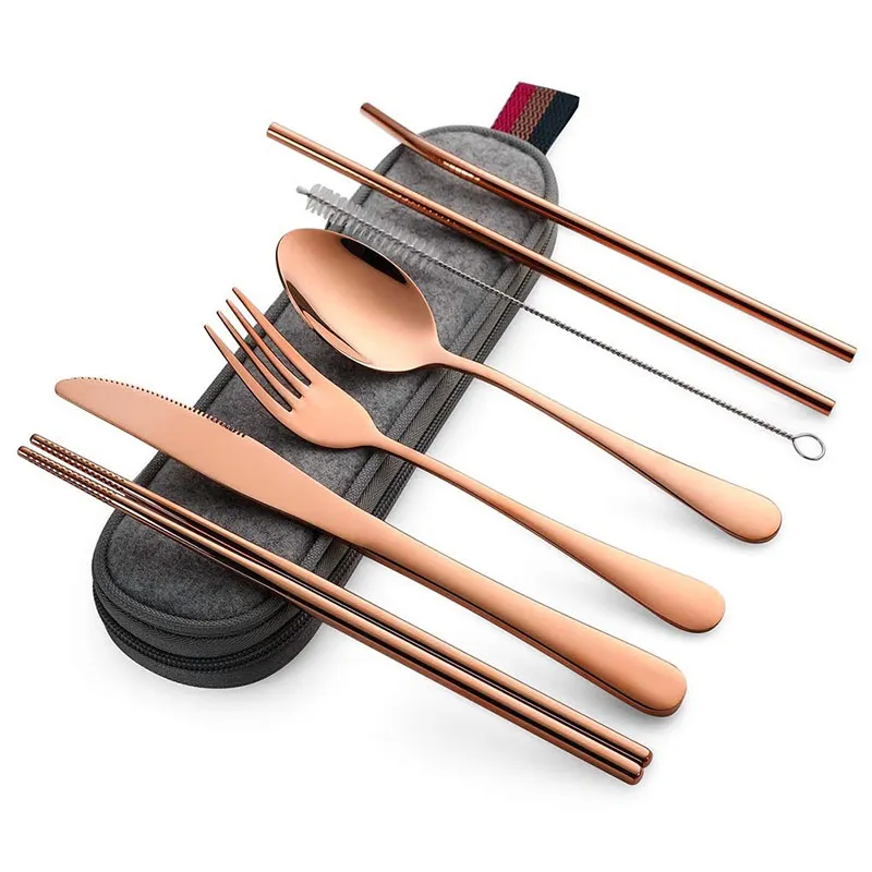 Set Posate Da Viaggio 8 Pezzi In Acciaio Inox - Coltello, Forchetta, Cucchiaio, Bacchette E Cannucce Con Custodia In Feltro