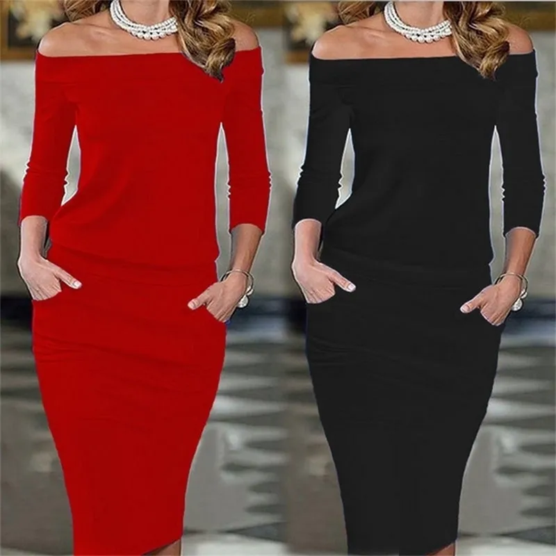 Women Pencil Dress Fashion Off-the-Shoulder Female High Waist Long Sleeve Bodycon Casual Party Cocktail Midi Clothing 210522