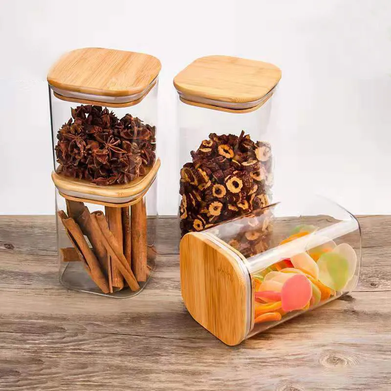 Square Wood Transparent Glass With Lid Canister Square Stackable Spice Jars  Food Tea Coffee Grains Containers Kitchen Items From Yiyu_hg, $22.77