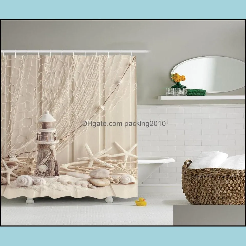 LIGHTHOUSE SHOWER CURTAIN NAUTICAL MARINE FISHING NET SEA STARS AND SHELLS PICTURE POLYESTER FABRIC BATHROOM Curtains