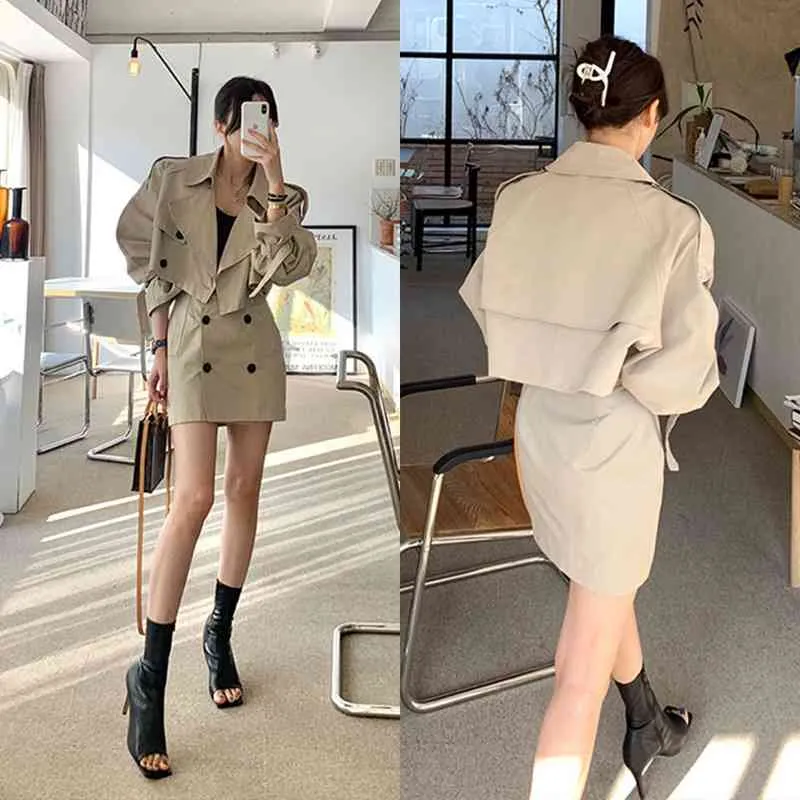 Office Lady Temperament Big Revers Double Breasted Trench Jacket Short + Wrap Hip Mini Rokken Casual Vintage Sets Mode Koreaanse 210429