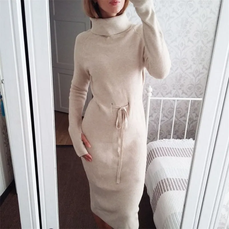 Kobiety Długie Midi Miękkie Dzianiny Sukienka Gruby Turtlencik Ciepły Sweter Sukienka Eleganckie Pulower Proste Boże Narodzenie Dresses Sumper 210415