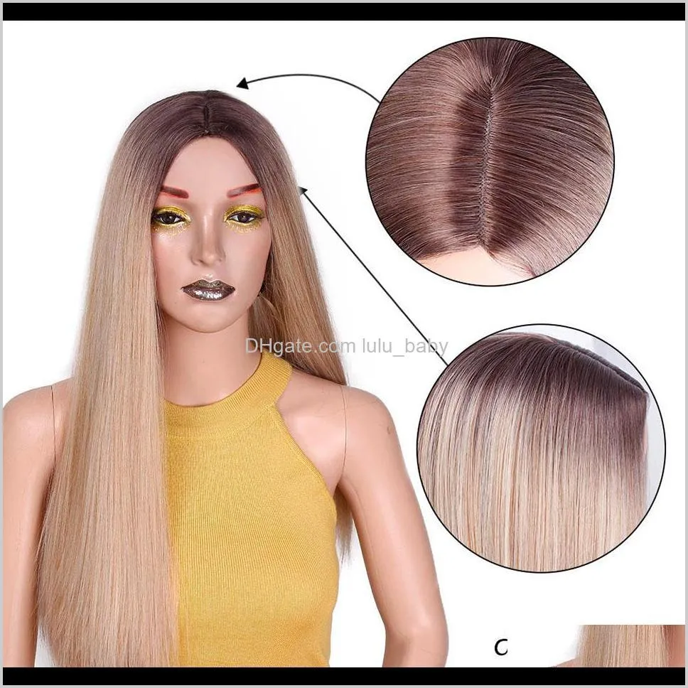 wig long straight synthetic hair mixed brown and blonde long wigs for white /black women middle part natural wigs