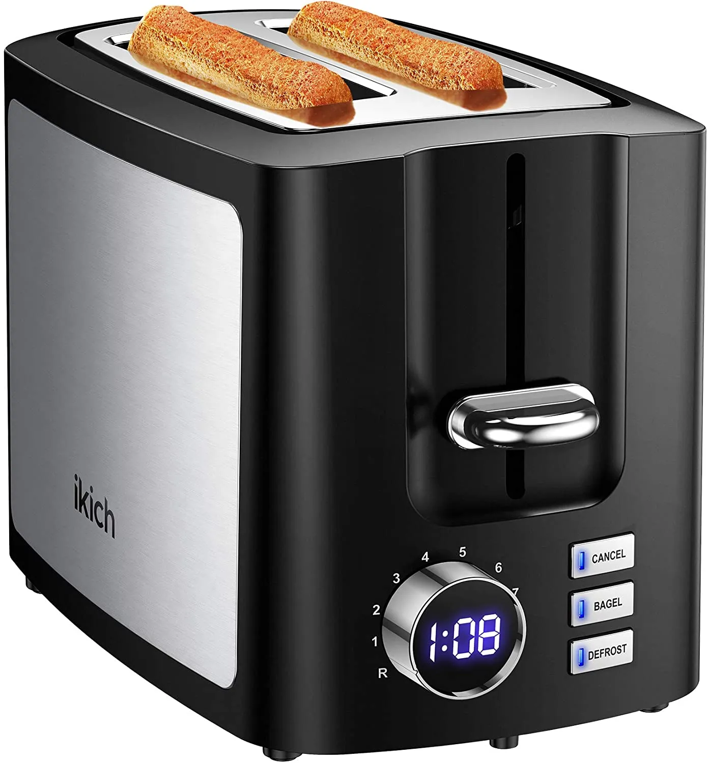 Ikich Toaster 2 fatia, tela LCD torradeira de aço inoxidável, slot largo 2 torradeira de fatia, 9 torradeiras de configurações, cancelamento / bagel / degelo / reaquecimento, bandeja de migalha