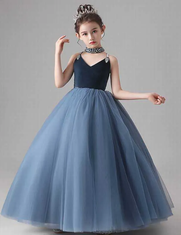 Flower Girl Princess Dress Velvet Fluffy Tulle Party Evening Ball Gown Performance Wear Modell Show E2 210610