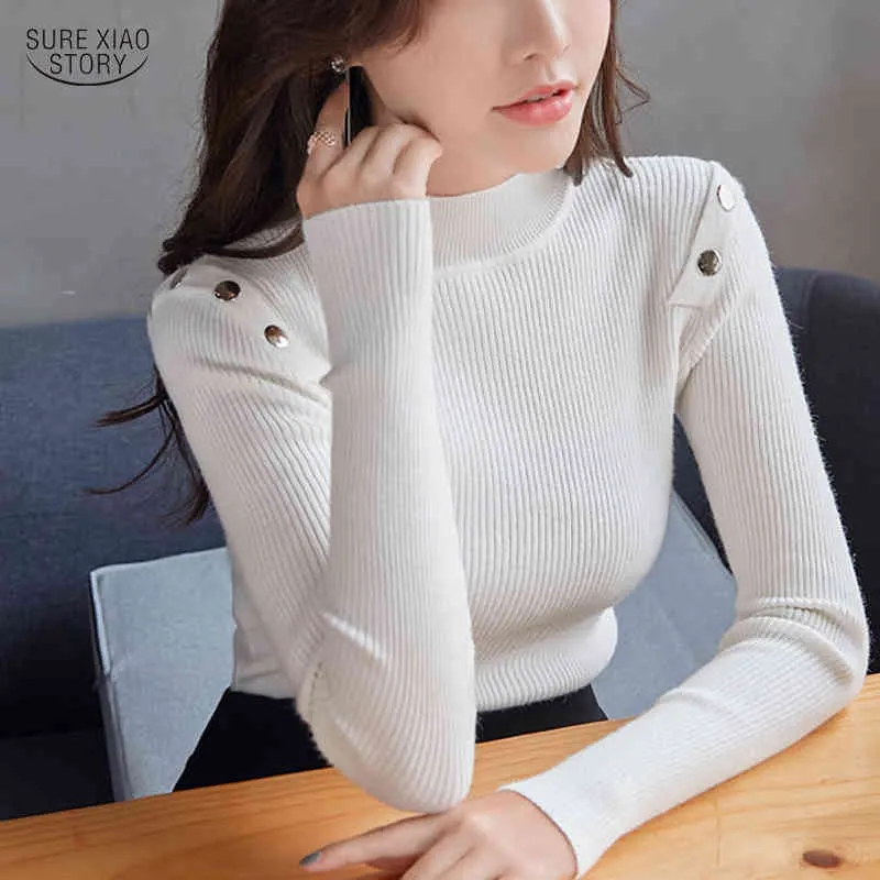 Coreano bianco dolcevita sottile donna maglioni autunno casual manica lunga femminile elasticità pullover maglione 5041 60 210417