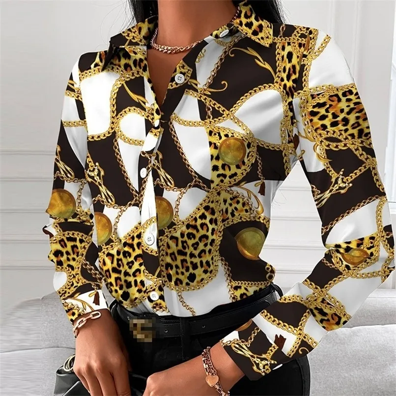 Cuello de desvío de moda elegante mujer blusa Botón casual manga larga otoño tops blusas lady cadena leopardo impresión de la camisa de la oficina 220214