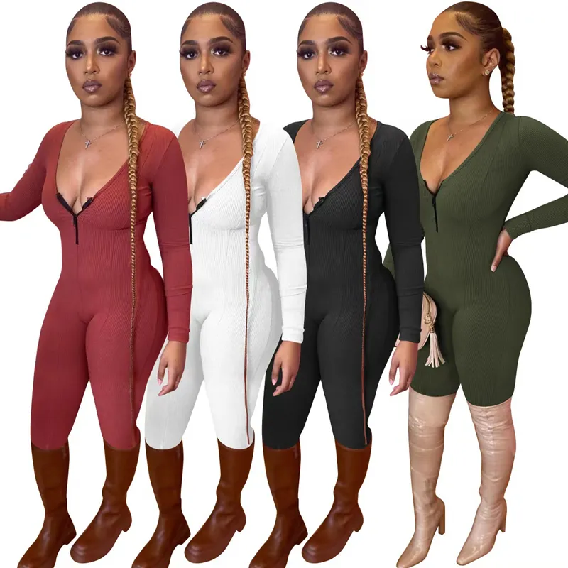 Kvinnor Stickad tråd Skinny Rompers Fashion Trend Långärmad Zipper V Neck One Piece Jumpsuit Designer Kvinna Slim Casual Bodycon Bodysuits