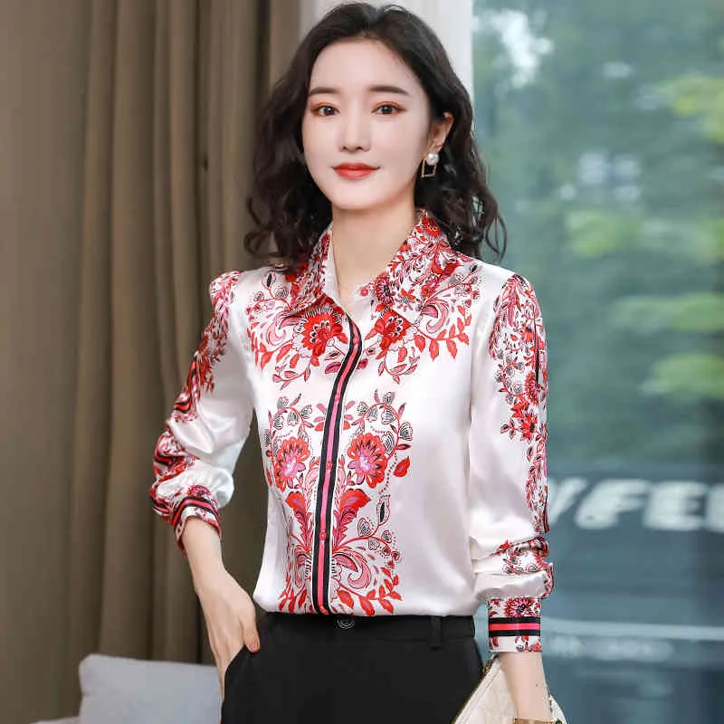 Damskie topy Silk Button Up Shirt Spring Satin Drukowane Z Długim Rękawem Top Women Bluzka i wierzchołki 210512